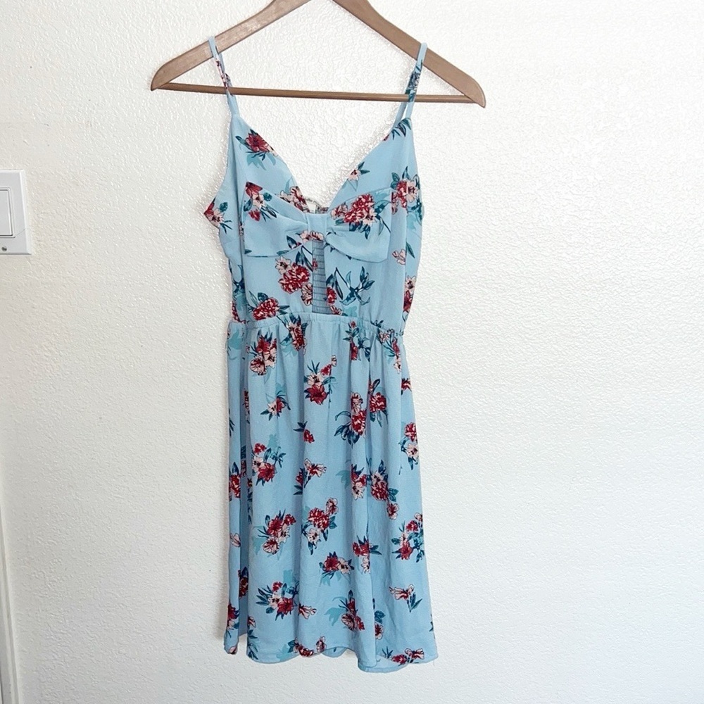 Charlotte Russe Blue Floral Bow Tank Top Keyhole Front Summer Mini Dress